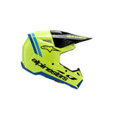 The aerodynamic S-M3 Youth Helmet from Crown Kiwi Enterprises Limited features a bright yellow fluoro finish with black and blue gloss accents, complete with optimal impact protection. Its lightweight design includes a visor for enhanced performance and safety, showcasing the "Alpinestars" logo.