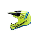 The aerodynamic S-M3 Youth Helmet from Crown Kiwi Enterprises Limited features a bright yellow fluoro finish with black and blue gloss accents, complete with optimal impact protection. Its lightweight design includes a visor for enhanced performance and safety, showcasing the "Alpinestars" logo.