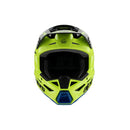 The aerodynamic S-M3 Youth Helmet from Crown Kiwi Enterprises Limited features a bright yellow fluoro finish with black and blue gloss accents, complete with optimal impact protection. Its lightweight design includes a visor for enhanced performance and safety, showcasing the "Alpinestars" logo.