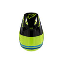 The aerodynamic S-M3 Youth Helmet from Crown Kiwi Enterprises Limited features a bright yellow fluoro finish with black and blue gloss accents, complete with optimal impact protection. Its lightweight design includes a visor for enhanced performance and safety, showcasing the "Alpinestars" logo.