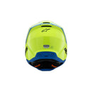 The aerodynamic S-M3 Youth Helmet from Crown Kiwi Enterprises Limited features a bright yellow fluoro finish with black and blue gloss accents, complete with optimal impact protection. Its lightweight design includes a visor for enhanced performance and safety, showcasing the "Alpinestars" logo.