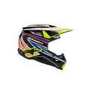 Introducing the S-M3 Youth Helmet - Wurx Black/Yellow by Crown Kiwi Enterprises Limited, ideal for MX Enduro Off-road adventures. This helmet showcases a dynamic design with a black base and vibrant geometric patterns in neon green, orange, and blue. It includes a visor, aerodynamic structure, and enhanced impact protection. The Alpinestars logo is prominently displayed on the side for added style.
