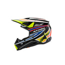 Introducing the S-M3 Youth Helmet - Wurx Black/Yellow by Crown Kiwi Enterprises Limited, ideal for MX Enduro Off-road adventures. This helmet showcases a dynamic design with a black base and vibrant geometric patterns in neon green, orange, and blue. It includes a visor, aerodynamic structure, and enhanced impact protection. The Alpinestars logo is prominently displayed on the side for added style.