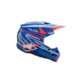 The S-M3 Youth Helmet in Wurx Blue/Red/White/Black Gloss by Crown Kiwi Enterprises Limited features a streamlined design with a visor and ventilation vents, perfect for MX off-road adventures. Its vibrant color scheme highlights the brand logo on the side, ensuring top-notch impact protection.