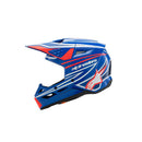 The S-M3 Youth Helmet in Wurx Blue/Red/White/Black Gloss by Crown Kiwi Enterprises Limited features a streamlined design with a visor and ventilation vents, perfect for MX off-road adventures. Its vibrant color scheme highlights the brand logo on the side, ensuring top-notch impact protection.