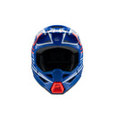 The S-M3 Youth Helmet in Wurx Blue/Red/White/Black Gloss by Crown Kiwi Enterprises Limited features a streamlined design with a visor and ventilation vents, perfect for MX off-road adventures. Its vibrant color scheme highlights the brand logo on the side, ensuring top-notch impact protection.