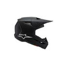 Presenting the S-M3 Youth Helmet in Solid Black Matte by Crown Kiwi Enterprises Limited, a full-face motocross helmet adorned with a white logo on the side. This helmet features a visor and a vented design for optimal airflow, making it perfect for MX Enduro off-road adventures. It boasts exceptional impact protection with its sleek, angular shape and an adjustable chin guard.