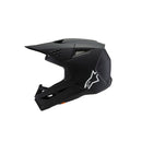Presenting the S-M3 Youth Helmet in Solid Black Matte by Crown Kiwi Enterprises Limited, a full-face motocross helmet adorned with a white logo on the side. This helmet features a visor and a vented design for optimal airflow, making it perfect for MX Enduro off-road adventures. It boasts exceptional impact protection with its sleek, angular shape and an adjustable chin guard.