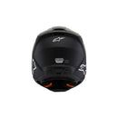 Presenting the S-M3 Youth Helmet in Solid Black Matte by Crown Kiwi Enterprises Limited, a full-face motocross helmet adorned with a white logo on the side. This helmet features a visor and a vented design for optimal airflow, making it perfect for MX Enduro off-road adventures. It boasts exceptional impact protection with its sleek, angular shape and an adjustable chin guard.