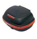The RJAYS Super Top Box 39L is a black motorcycle top case with red accents and the RJAYS brand logo on the bottom center. Made from heavy-duty ABS plastic, this case features a secure latch closure and includes a rear reflector strip for enhanced visibility. Its sleek, aerodynamic design makes it perfect for mounting on the back of a motorcycle.