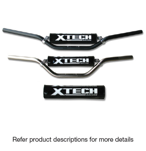 Three different types of X-TECH MX Handlebars - Junior & Senior are displayed in a row. Each handlebar features a protective pad in the middle, labeled "X-TECH" in white text on a black background. Below the handlebars are black protective pads and grip ends with the same label, ensuring maximum control.