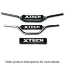 Three different types of X-TECH MX Handlebars - Junior & Senior are displayed in a row. Each handlebar features a protective pad in the middle, labeled "X-TECH" in white text on a black background. Below the handlebars are black protective pads and grip ends with the same label, ensuring maximum control.