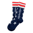 The Troy Lee Designs YOUTH GP MX THICK SOCK LIBERTY NAVY features navy fabric with white stars, red and white striped cuffs, and "stay dope" script on the sides.