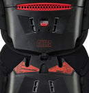 Close-up image of a black Forma Akira 6 C.L.M. Smart Back Protector vest with red accents and the text "AKIRA" on it. Featuring adjustable straps, ventilation slits for airflow, and a red knob labeled "PULL" likely for fit adjustment. This CE-approved vest incorporates SAS-TEC foam back protector for enhanced safety.