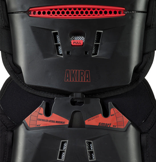 Close-up image of a black Forma Akira 6 C.L.M. Smart Back Protector vest with red accents and the text "AKIRA" on it. Featuring adjustable straps, ventilation slits for airflow, and a red knob labeled "PULL" likely for fit adjustment. This CE-approved vest incorporates SAS-TEC foam back protector for enhanced safety.