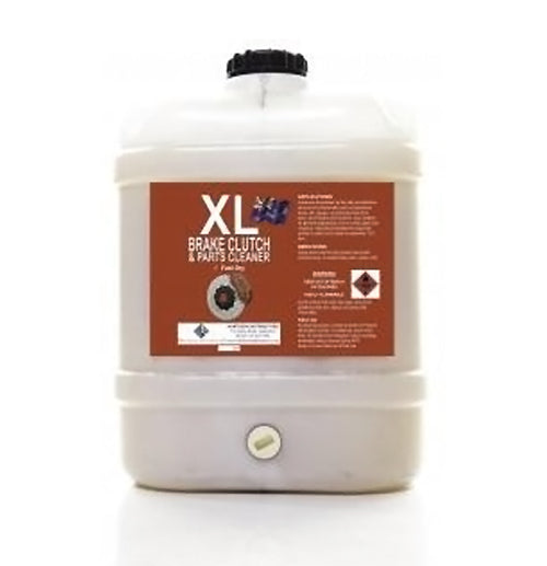 A large, white container labeled "F&D XL Brake, Clutch & Parts Cleaner" with a tightly sealed black cap. The brown label details usage instructions and safety warnings. This heavy-duty degreaser features a spout at the bottom for easy dispensing, making it ideal for industrial mechanical equipment.