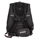 A black Ogio MACH S Motorcycle Backpack - Stealth is shown from the back. It features padded shoulder straps, a waist strap with a small zippered pouch, and a logo reading "Ogio" near the top. Sporting No Drag Technology, it also boasts additional branding that says “Mach S” and features an innovative U-shaped expansion gusset.