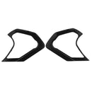 The S-R10 Shield Mechanism Covers by Crown Kiwi Enterprises Limited are displayed symmetrically against a plain white background. These gloss black geometric shapes resemble brackets with a curved outer edge and an angled inner edge, giving them a dynamic appearance resembling shield mechanisms.