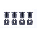 The S-R10 Spoiler Connector Set from Crown Kiwi Enterprises Limited consists of eight black plastic connectors arranged in two rows of four. The top row includes T-shaped clips, and the bottom row features square-shaped anchors with a central opening, all set against a white background.