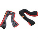 Two padded neck braces, black and red. The left, XS with an open design and vents; the right, S-M5 curved. Both feature red edges for comfort and support like the Alpinestars Cheek Pad Set S-M8 by ALPINESTARS.