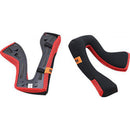 The Alpinestars Cheek Pad Set S-M5 +5mm by ALPINESTARS includes two black and red inserts designed for protective gear. Featuring breathable fabric with mesh details, one piece showcases the brand name in orange, while the contoured shape of the other has subtle gray accents.