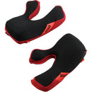 Two black and red foam cheek pads with textured surfaces designed for helmet safety; contoured for ergonomic comfort, featuring "FIRS" in red. Compatible with S-M10 helmets. Alpinestars Cheek Pad Set S-M13 ensures comfort and safety from ALPINESTARS.