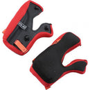 Two ALPINESTARS red and black padded cheek pads with a textured surface have labeled straps and fastening points, indicating they attach to the S-M10 helmet for added protection or comfort.