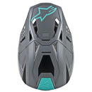 Top view of the Visor S-M8 Radium Gray/Teal cycling helmet from Crown Kiwi Enterprises Limited, showcasing angular designs and ventilation slots. A teal star logo decorates both the top and rear, complemented by a sleek visor that merges style with functionality.