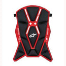 The Top Pad S-M10/S-M9 by ALPINESTARS is a red and black protective sports gear piece shaped like a stylized vest with angular segments and white accents, featuring a logo in the center. Constructed with Cool-max fabric for moisture control, it pairs perfectly with your ALPINESTARS helmet for ultimate performance.