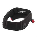 The Alpinestars Crown Pad S-M10/S-M8 Black by Crown Kiwi Enterprises Limited features a sleek black design with padded neck brace and helmet lining, complete with a logo on the side. It includes adjustable fasteners crafted from cool-max fabric for a comfortable fit.