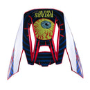 The S-M5 Visor Solar Flare by ALPINESTARS showcases a stylized design with a solar flare graphic, featuring a sun and eye at the center surrounded by bold black/blue/red stripes. "ASTARS" is prominently displayed at the top in yellow.