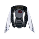The S-M5 Visor Solar Flare by Crown Kiwi Enterprises Limited features a striking artistic design centered on a red eye surrounded by abstract patterns. The prominent "ASTARS" text enhances its visual appeal, while the black, gray, and gold color scheme echoes the vibrant intensity of a solar flare.