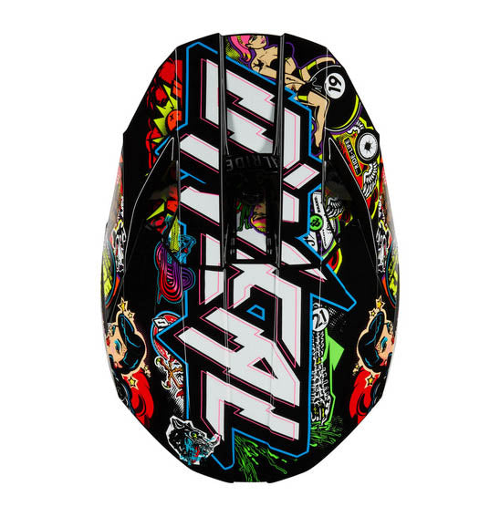 Introducing the O'Neal 2025 3SRS CRANK Helmet - Multi by ONEAL, a striking polycarbonate helmet adorned with vibrant graffiti-style illustrations of cartoon characters and abstract designs on a sleek black background. This DOT-approved helmet is not only stylish but also features an adjustable visor for enhanced safety.