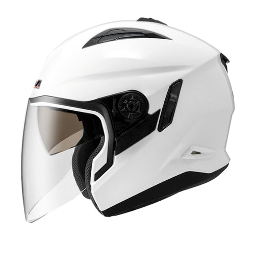 Introducing the FFM Urban R Modular helmet, retailing from $189. This stylish white motorcycle helmet, by FFM, boasts a clear, full-face visor complemented by black accents around the visor and ventilation areas. Its streamlined, aerodynamic design is built with an ABS shell and is ECE22.05 safety certified. The interior padding can be clearly seen through the open front for added convenience and comfort.