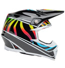 The Bell MOTO-9S FLEX Drift helmet by BELL, in Gloss Black/Multi, features vibrant red, blue, yellow, and orange stripes. It includes a pointed visor, side logo, aerodynamic design with chin guard, and efficient ventilation system for comfort-focused safety.