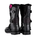 The O'Neal Women's RIDER PRO Boot in Black/Pink features the brand name "ONEAL" prominently and boasts multiple buckles along with rugged soles that have "ONEAL" embossed on the bottom. One boot stands upright while the other is tilted to display the sole, making them perfect for any motocross enthusiast.