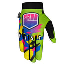 The FIST GLOVE 90'S GREEN GLOVE is a brightly colored MTB glove with a geometric, multicolored design, black touchscreen fingertips, "FIST" lettering across the fingers, and a pink and purple clenched fist logo in a shield on the backhand.