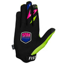 The FIST GLOVE 90'S GREEN GLOVE is a brightly colored MTB glove with a geometric, multicolored design, black touchscreen fingertips, "FIST" lettering across the fingers, and a pink and purple clenched fist logo in a shield on the backhand.