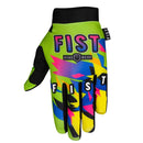 The FIST GLOVE 90'S GREEN GLOVE is a brightly colored MTB glove with a geometric, multicolored design, black touchscreen fingertips, "FIST" lettering across the fingers, and a pink and purple clenched fist logo in a shield on the backhand.