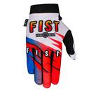 The FIST GLOVE 90'S WHITE GLOVE is a colorful MTB glove with "FIST" on the fingers and logo on the back, featuring red, blue, white, and black—ideal for motocross or as touch screen gloves.