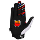 The FIST GLOVE 90'S WHITE GLOVE is a colorful MTB glove with "FIST" on the fingers and logo on the back, featuring red, blue, white, and black—ideal for motocross or as touch screen gloves.