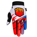 The FIST GLOVE 90'S WHITE GLOVE is a colorful MTB glove with "FIST" on the fingers and logo on the back, featuring red, blue, white, and black—ideal for motocross or as touch screen gloves.