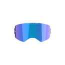 The Supertech Mirror Lens by Crown Kiwi Enterprises Limited is a blue and purple reflective visor with "One Goal. One Vision." on the top, featuring a sleek, curved design using Supertech materials and small side attachment points.