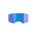 The ALPINESTARS Vision 8/5/3 Mirror Lens, in Mirror Blue, features an iridescent finish with a smooth, curved design. It displays "ONE GOAL. ONE VISION." at the center and has side attachment points and a notched cutout at the bottom for precision.