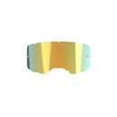 A yellow-tinted Vision 8/5/3 Mirror Lens by Crown Kiwi features the phrase "ONE GOAL. ONE VISION." elegantly printed on it. The slightly curved Mirror Gold design includes six small screw holes along the edges for secure attachment.