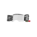 An ALPINESTARS transparent motorbike helmet visor equipped with the Vision 8/5/3 Roll Off Kit features black cylindrical compartments on each side: one with the Vision 8/5/3 logo and another with a red adjustment knob for optimal performance.