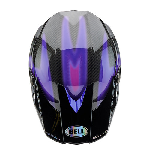 The Bell MOTO-10 SPHERICAL Flare Gloss Purple is a sleek, full-face motocross helmet with a dynamic design in shades of purple and black. It is enhanced by MIPS Spherical Technology for superior safety, features a visor, and proudly displays the "Bell" brand logo on the side. Carbon fiber detailing adds the finishing touch to its style.