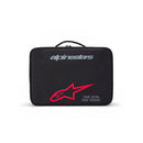 The Supertech Vision Goggle Case by Crown Kiwi Enterprises Limited is a durable black carrying case featuring a handle, "alpinestars" in gray, and a red star logo. The motto "ONE GOAL. ONE VISION." stands out below, making it perfect for securely storing goggles on your adventures.