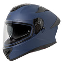 The RJAYS APEX IV Helmet by Rjays in Solid Matte Blue features a sleek design with black accents and a clear, UV-protected visor. It boasts an aerodynamic profile, complete with strategically placed vents and a rear spoiler to enhance airflow. The helmet is ECE R22-06 certified, and its side view highlights the streamlined silhouette and advanced visor mechanism. Additionally, it comes with an internal sun-shield for added convenience.