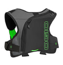 The Ogio ERZBERG 1L Hydration Bag in Black features a black ergonomic backpack harness with a multi-adjust harness system, padded shoulder straps, reflective gray strips, and adjustable black buckles. The back panel is constructed from breathable mesh material, and the front displays a green circular logo.